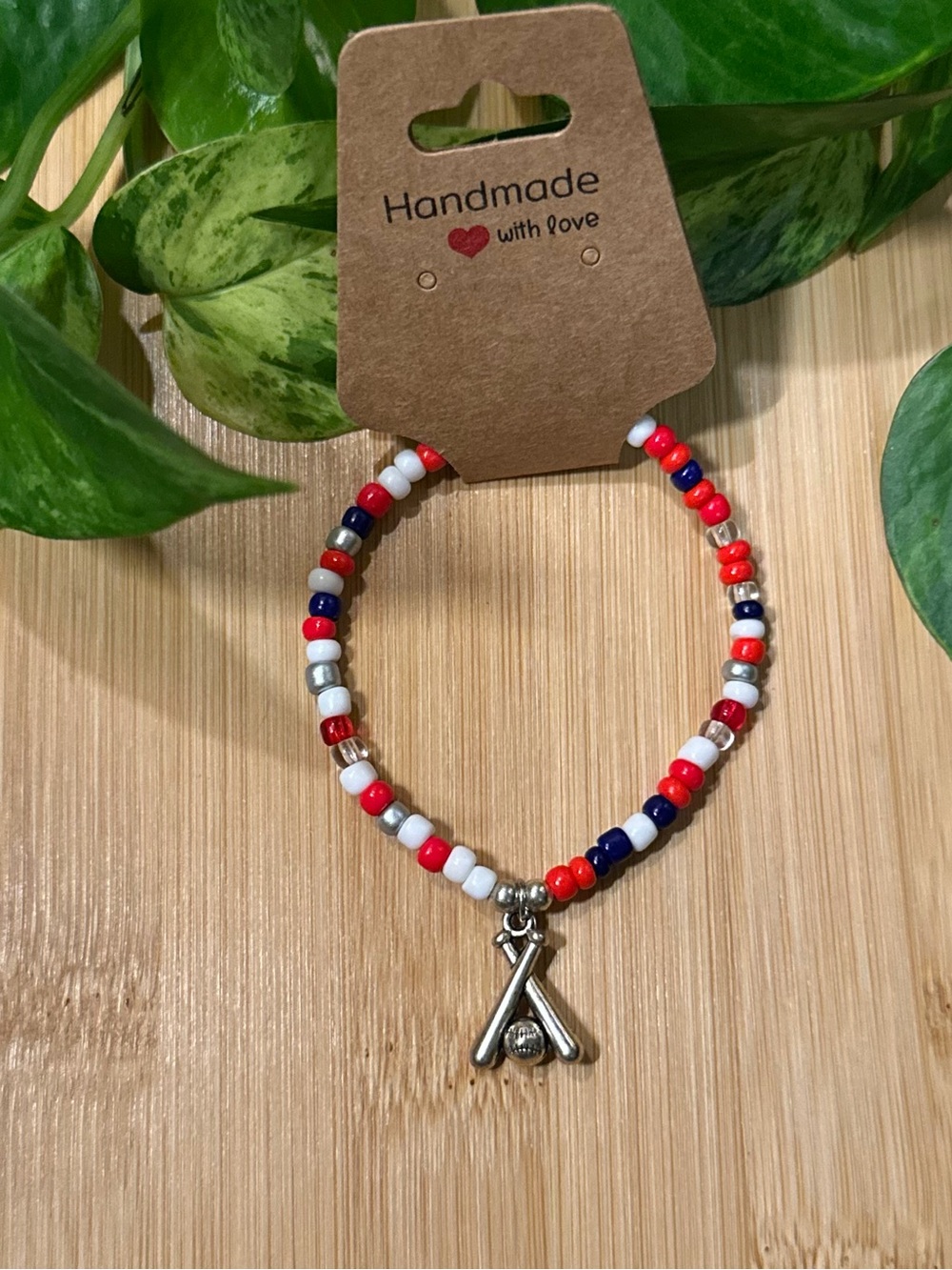 ⚾✨ Baseball Stretchy Beaded Bracelet | Handmade | Silver Baseball Dangle Charm